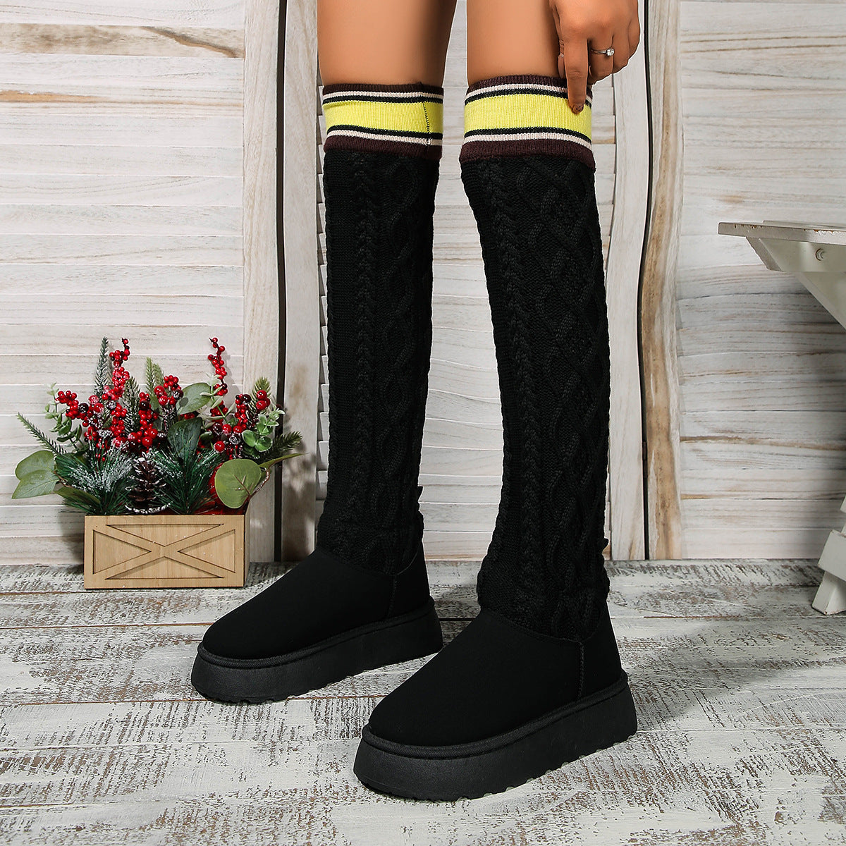 Winter Over-the-knee Boots With Long Knitted Sock Design Fashion Flat Thick-soled Shoes For Women Casual Warm Long Boot Overview: Unique design, stylish and beautiful. Good material, comfortable feet. A variety of colors, any choice. Specification: Shoe u