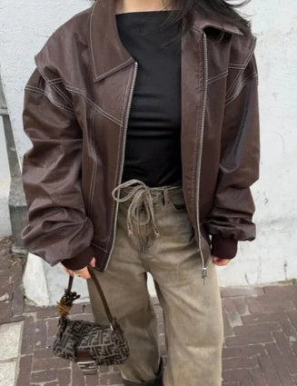 Loose Fashion Lapel Zip-up Jacket Cool Long Sleeve Zipper Closure Moto Biker Leather Jacket Womens Clothing Overview: Unique design, stylish and beautiful. Good material, comfortable wear. A variety of colors, any choice. Product information: Fabric name: