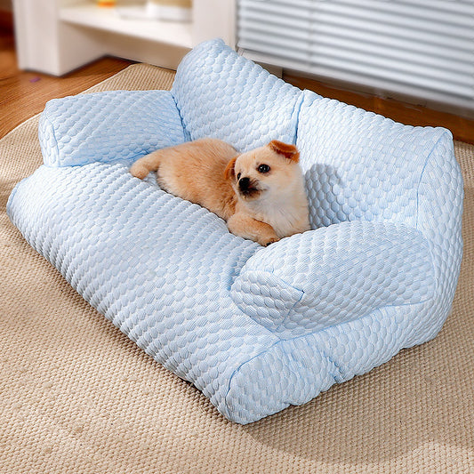 Pet Sofa Four Seasons Universal Removable And Washable Kennel Waterproof Breathable Ice Silk Product information: Color: ice blue, cherry blossom powder, cream yellow, Taro purple mint green Material: cloth Applicable object: Dog M: 55 * 38 * 18CM (suitab