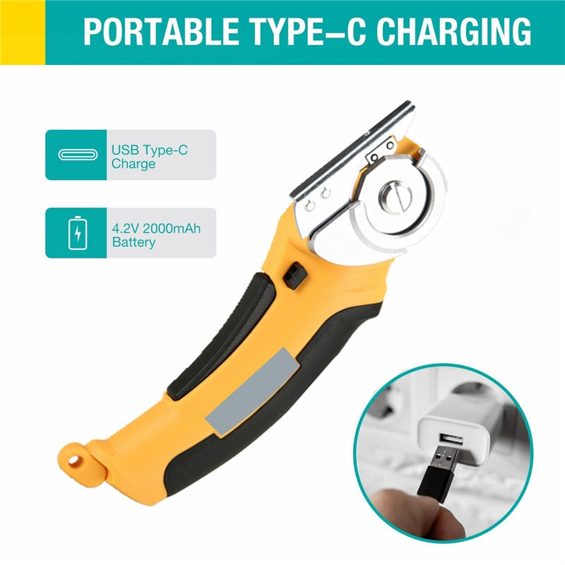 Rechargeable Cordless Electric Scissors The Rechargeable Cordless Electric Scissors make your manual work more efficient and effortless. This multi-purpose rotary cloth cutter is the answer to hassle-free cutting of materials such as cardboard, leather, p