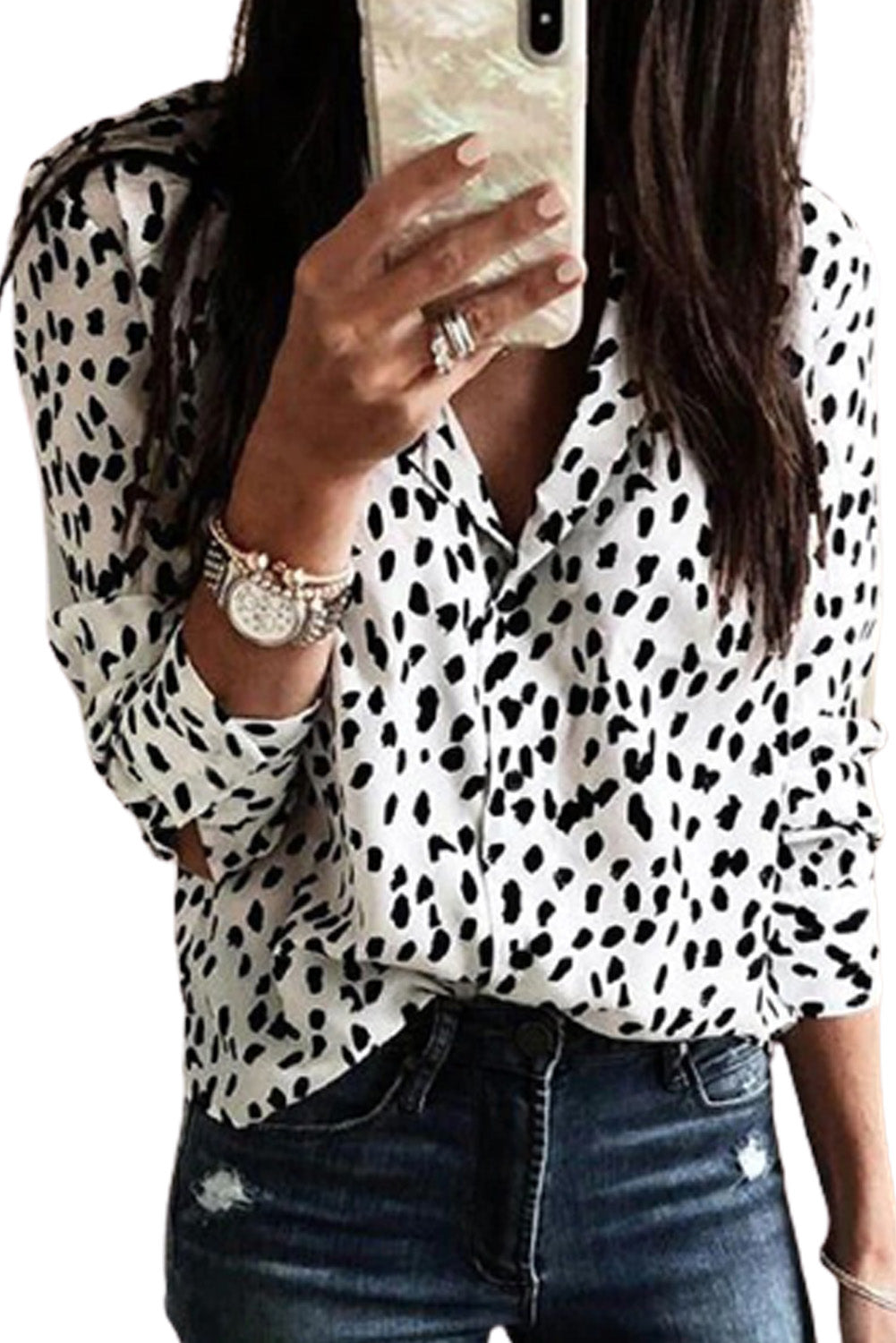 Leopard Print Turn-D Elevate your wardrobe with our timeless Blouse with Collar, adorned with high-quality buttons and an enduring pattern that transcends trends. This blouse effortlessly blends sophistication and versatility, making it an essential piece