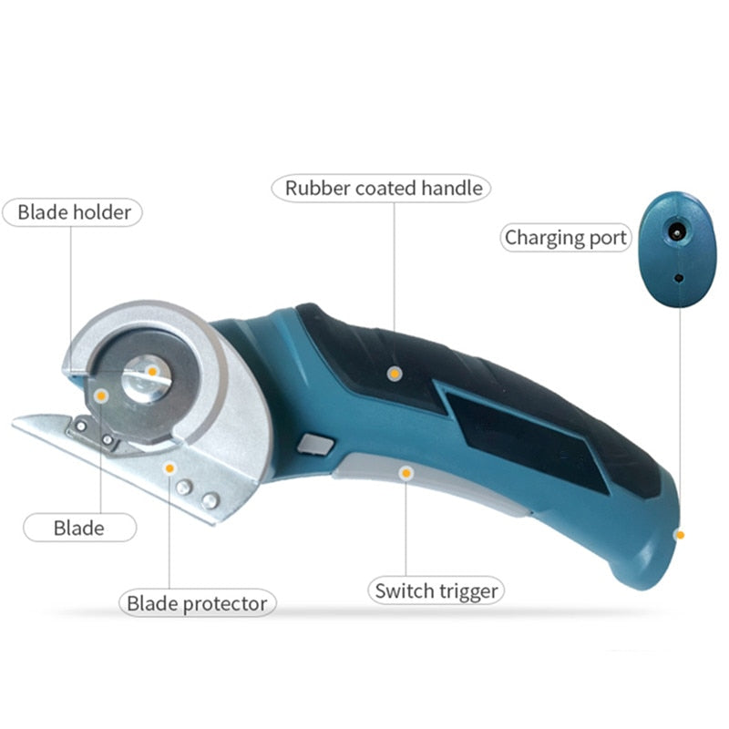 Rechargeable Cordless Electric Scissors The Rechargeable Cordless Electric Scissors make your manual work more efficient and effortless. This multi-purpose rotary cloth cutter is the answer to hassle-free cutting of materials such as cardboard, leather, p