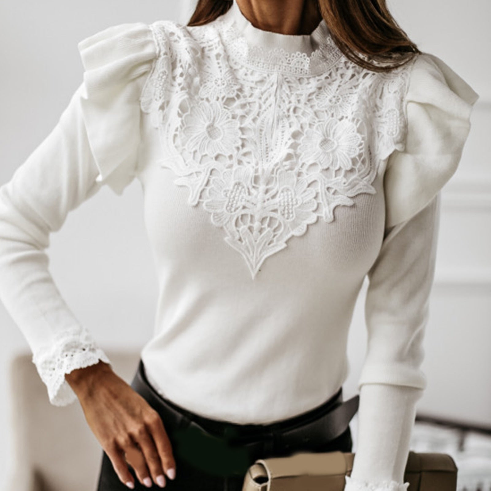 Long Sleeve Ruffle Lace Blouse Introducing our New Women's Fashion Autumn Blouse – a stunning blend of modern style and elegance. This long-sleeved ruffle lace patchwork top features a slim bottom design that flatters your silhouette and adds a touch of s