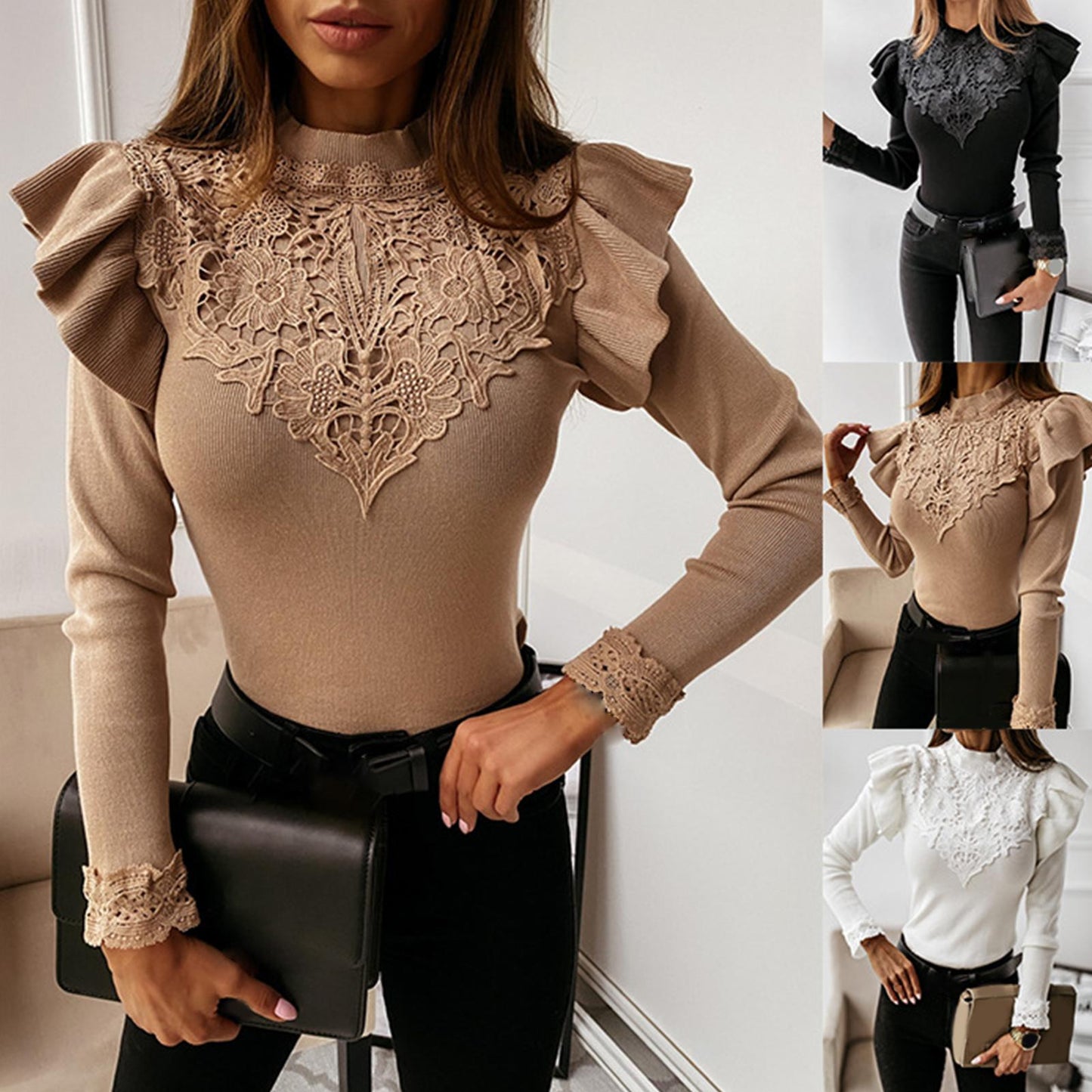 Long Sleeve Ruffle Lace Blouse Introducing our New Women's Fashion Autumn Blouse – a stunning blend of modern style and elegance. This long-sleeved ruffle lace patchwork top features a slim bottom design that flatters your silhouette and adds a touch of s