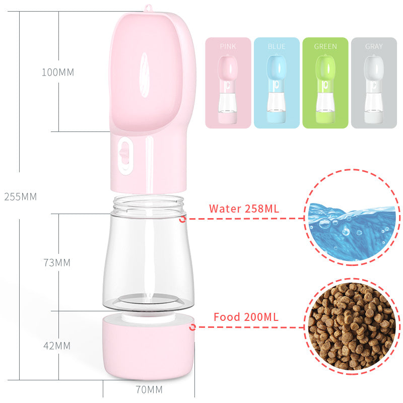 Pet Dog Water Bottle Feeder Keep your dog hydrated on the go with this Pet Dog Water Bottle Feeder! This multifunctional feeder can dispense both food and water, making it the perfect solution for travel or everyday use. The handy design means no more spi